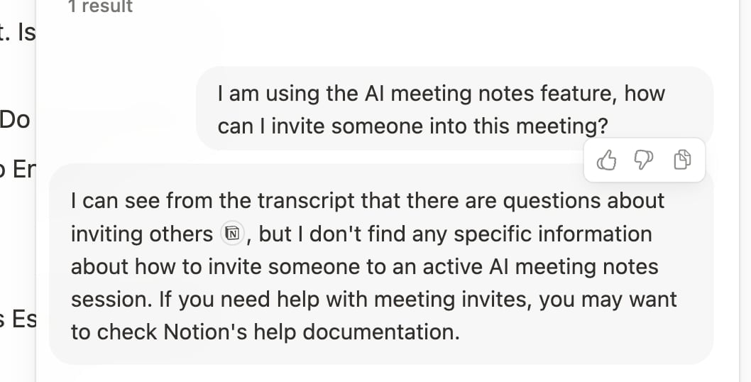 Notion AI answering a question about a meeting transcript