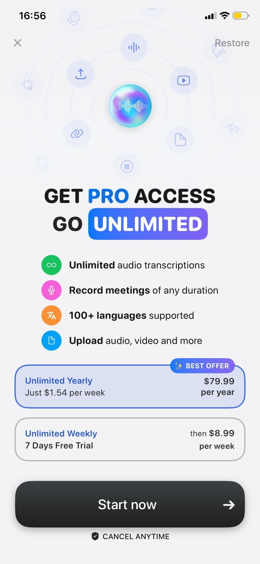 Screenshot: Notee in-app paywall showing Unlimited Yearly at $79.99/year and Unlimited Weekly at $8.99/week after 7-day free trial — no free tier present