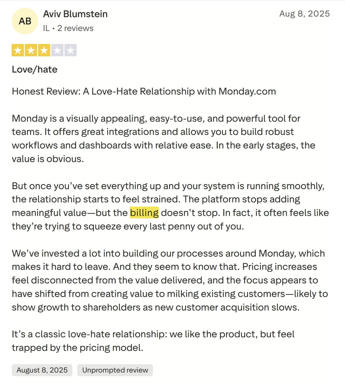Another low scoring Trustpilot review for Monday.com