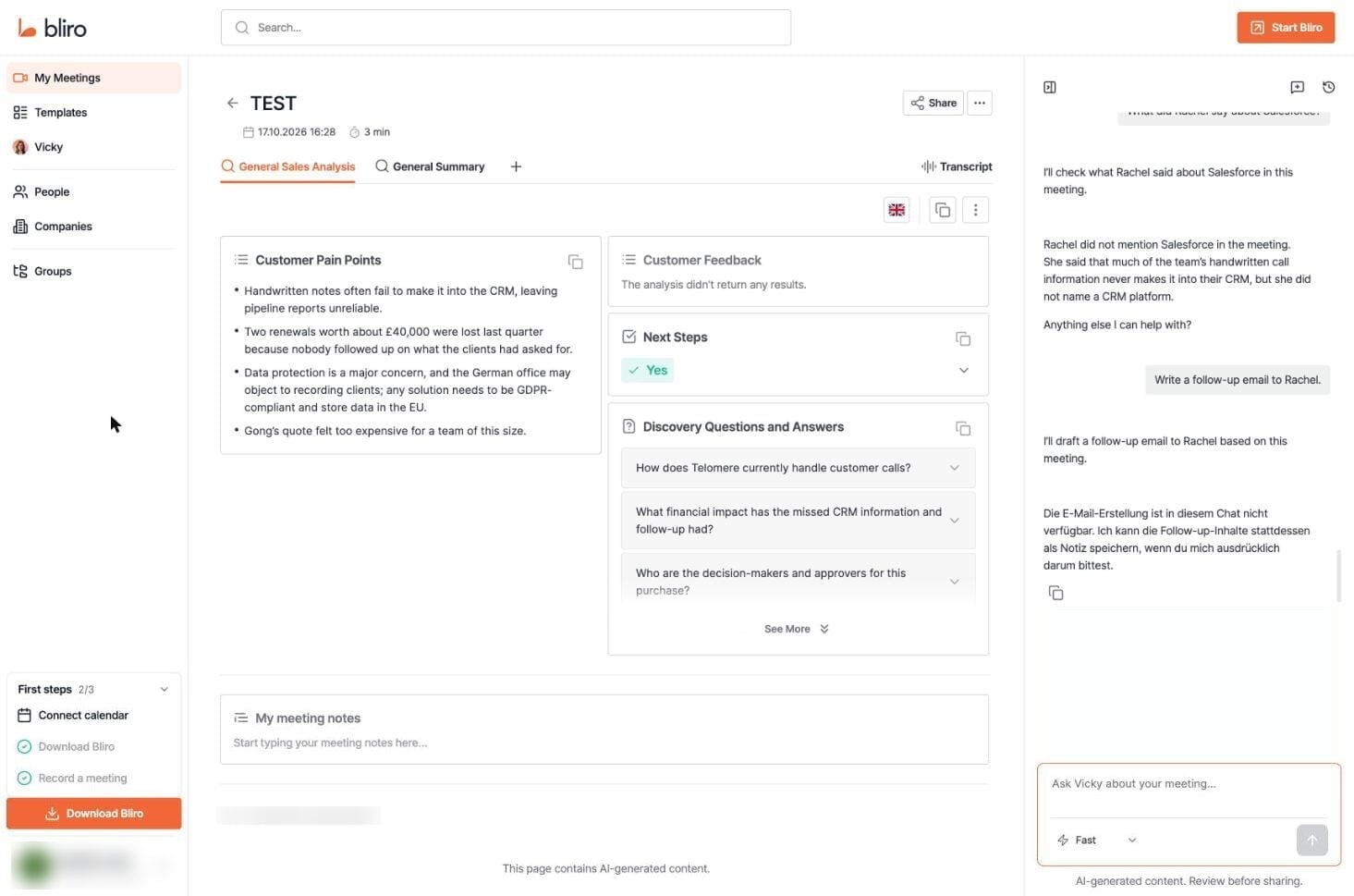 A Bliro meeting page showing the sales analysis, meeting notes and the Vicky chat panel, with no audio or video player and no download option