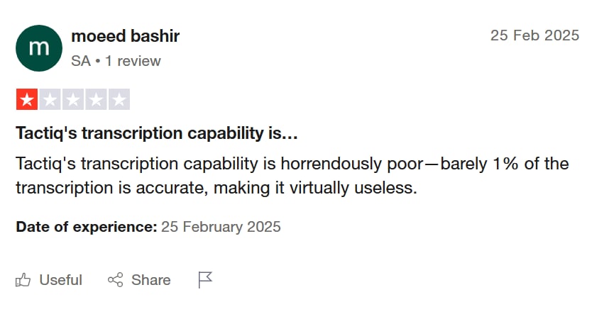 Tactiq's 1 star review on TrustPilot