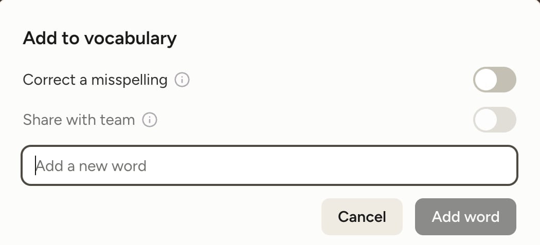 Wispr Flow Add to vocabulary window