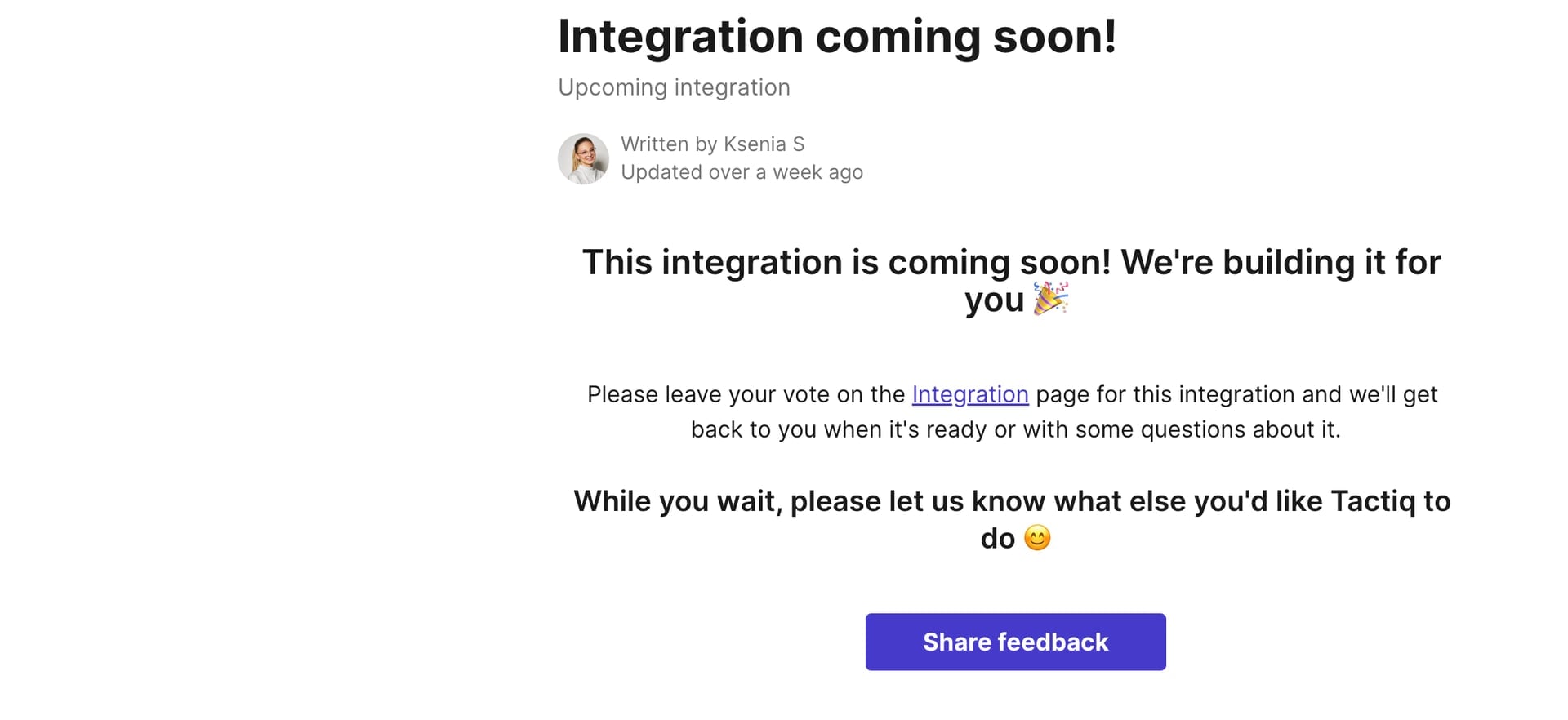 Captura de pantalla de tactiq - Las integraciones son "próximamente".