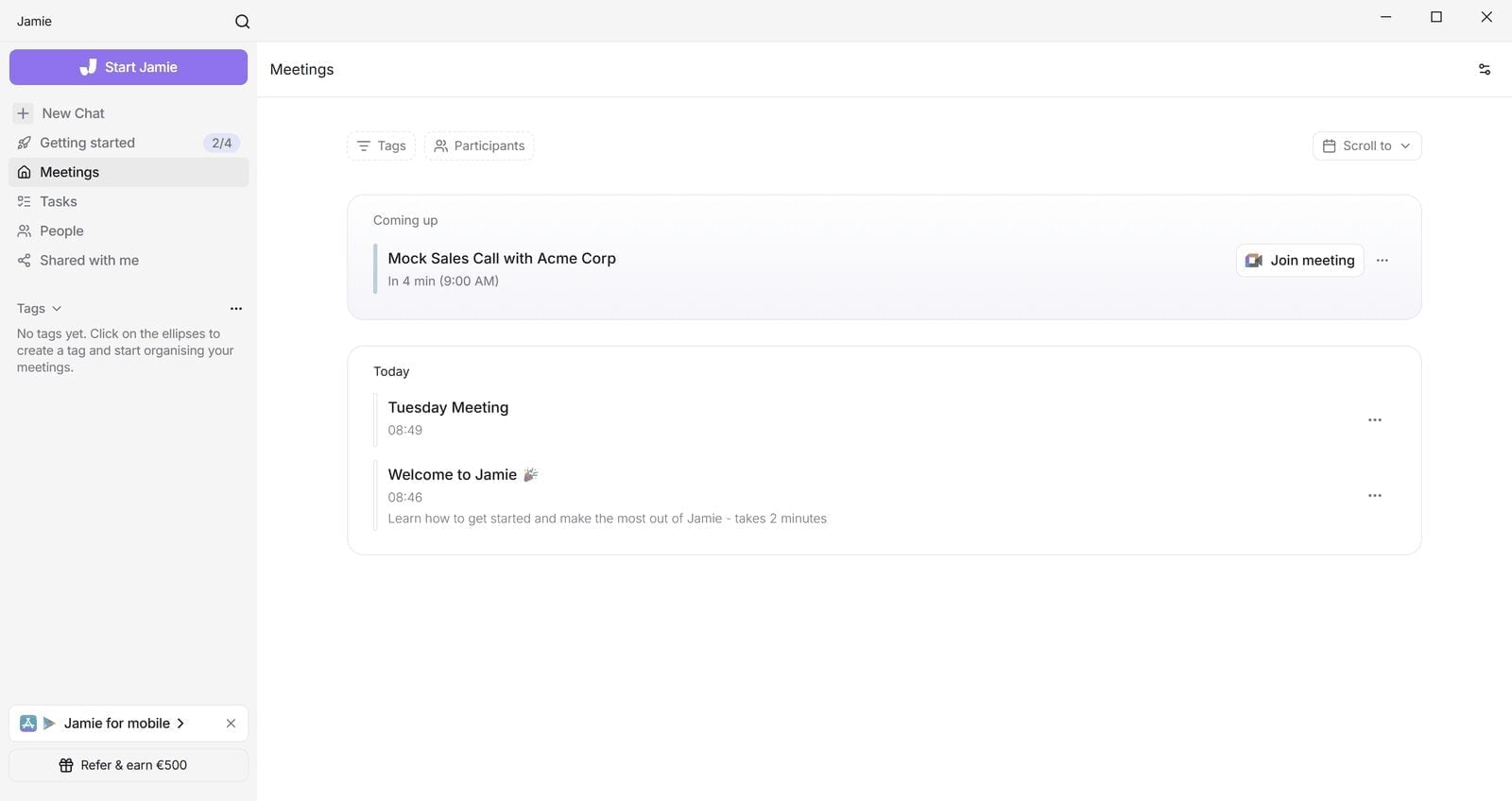 Jamie AI desktop app meetings dashboard showing an upcoming Google Meet call with a Join meeting button