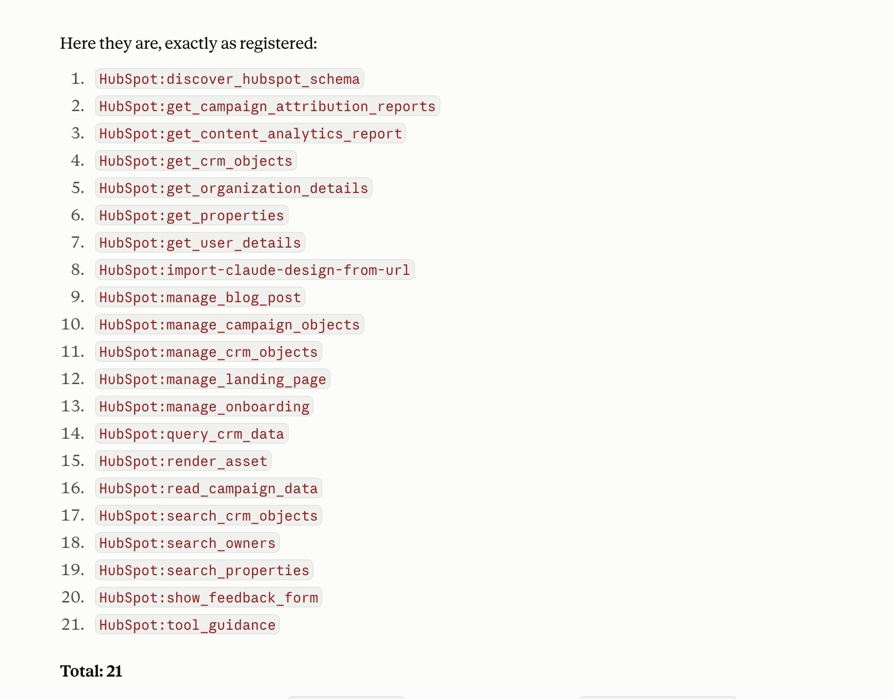 The 21 HubSpot MCP tools registered in a Claude session, listed by name