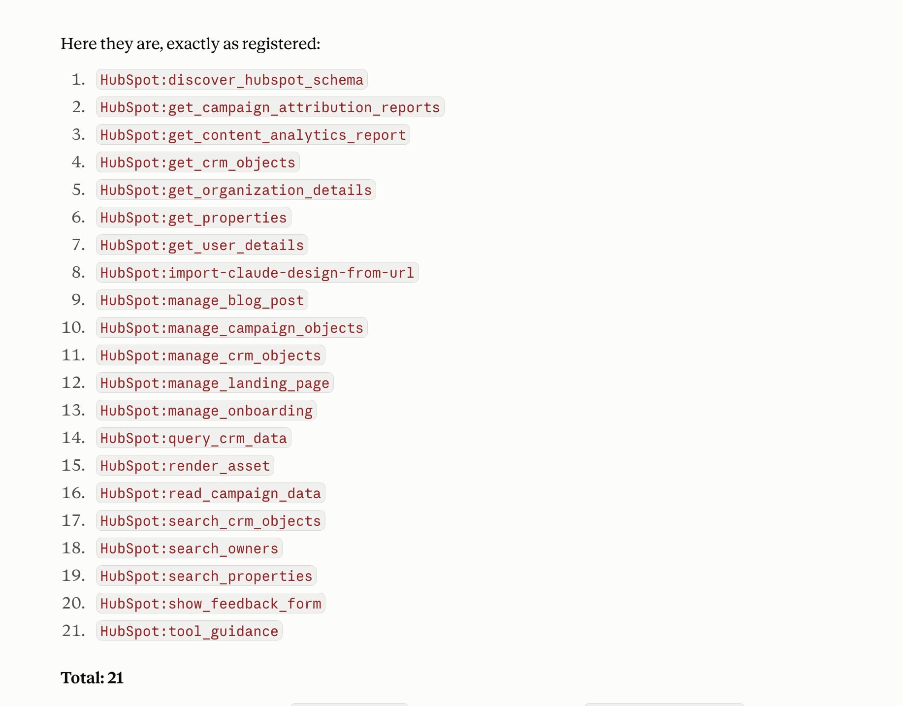The 21 HubSpot MCP tools registered in a Claude session, listed by name