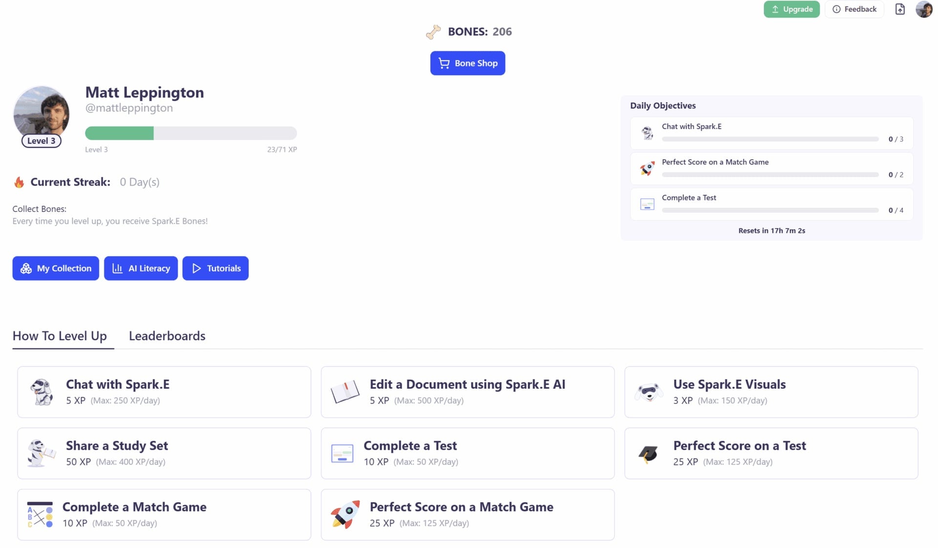 A screenshot of StudyFetch's gamification on the "My Profile" section.