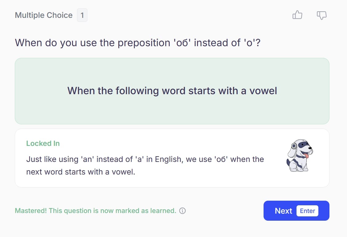 A screenshot of StudyFetch's Quiz feature when I've got an answer right.
