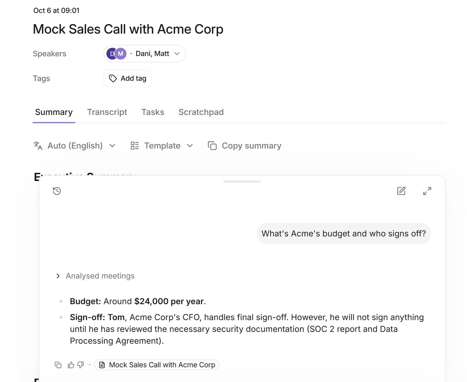 Ask Jamie chat answering a question about Acme's budget and sign-off, citing the source meeting
