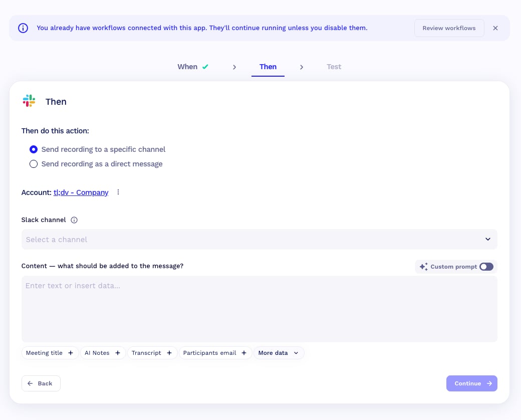 Slack channel configuration in tl;dv