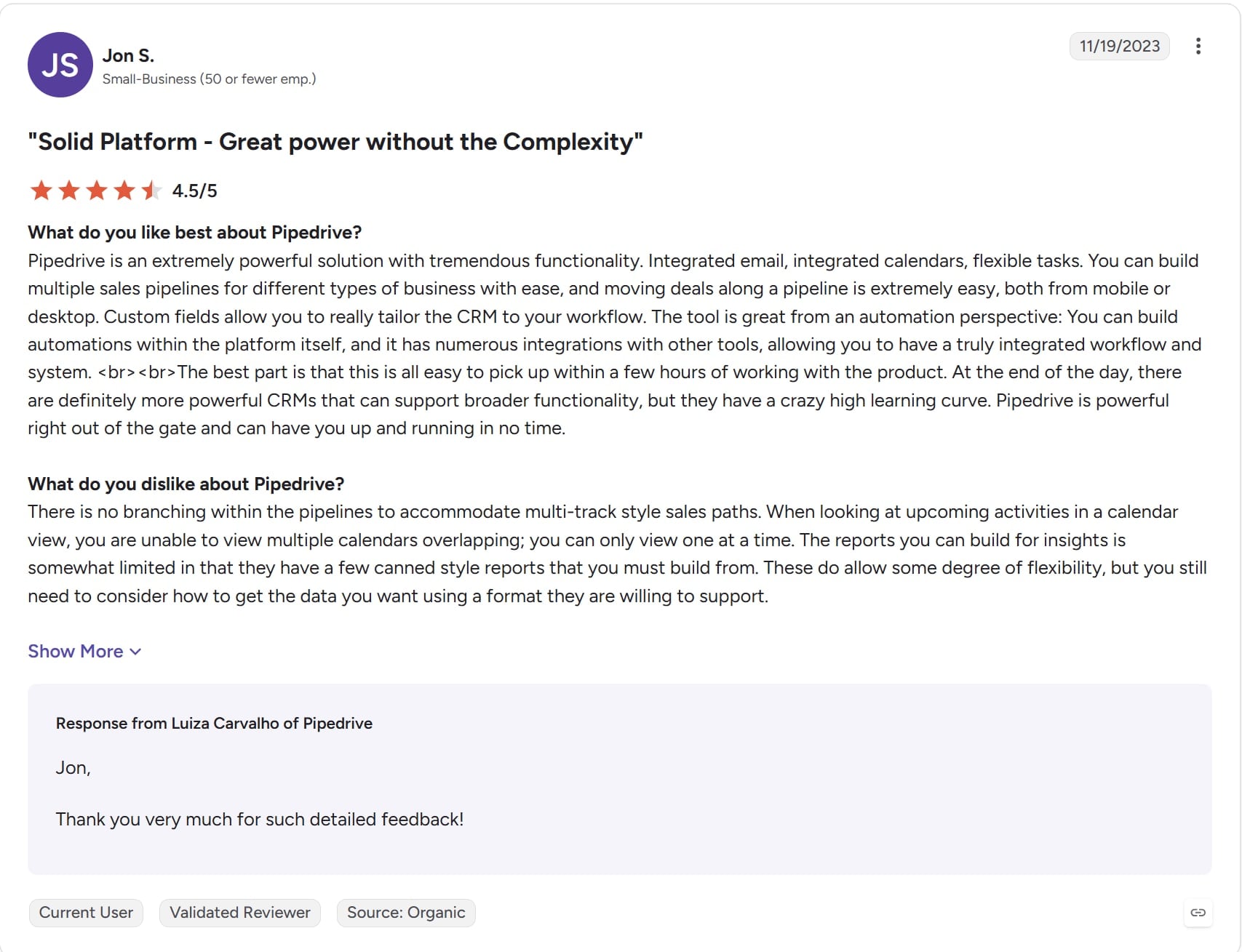 Pipedrive 4.5/5 star review on G2.