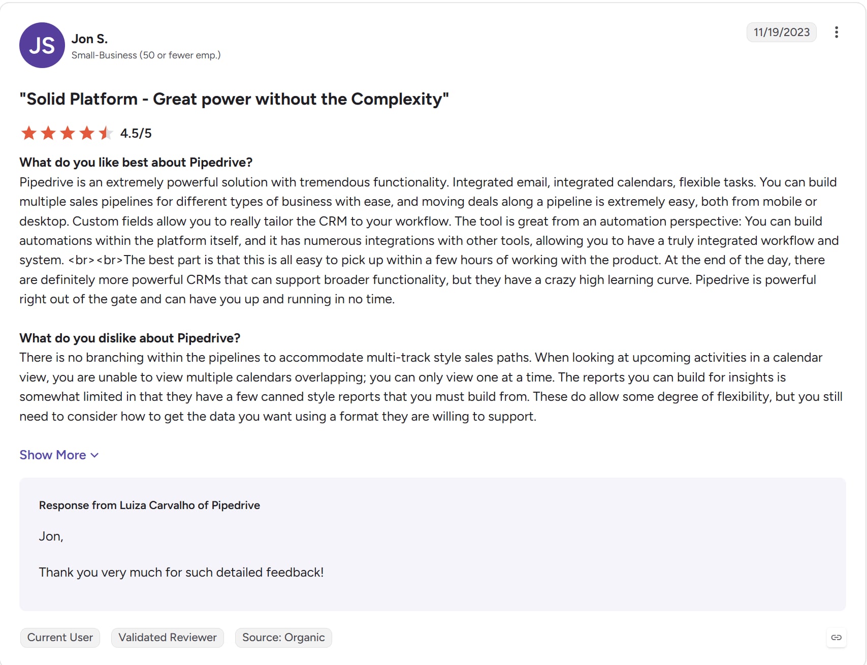 Pipedrive 4.5/5 star review on G2.