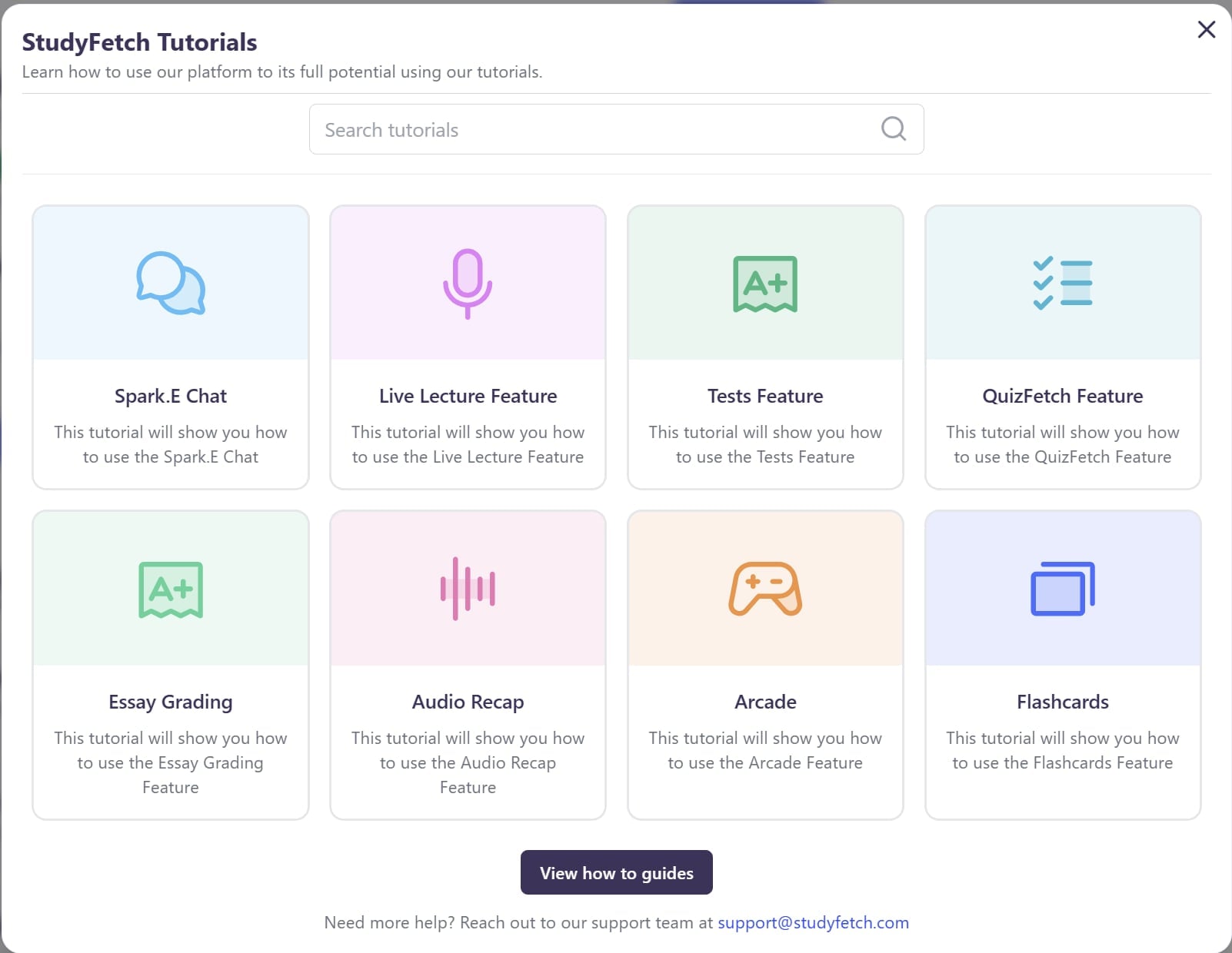 A screenshot of StudyFetch's tutorials