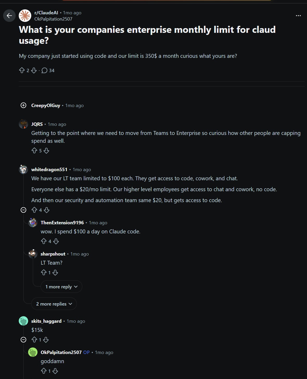 A Reddit thread about Claude's Enterprise pricing comparisons