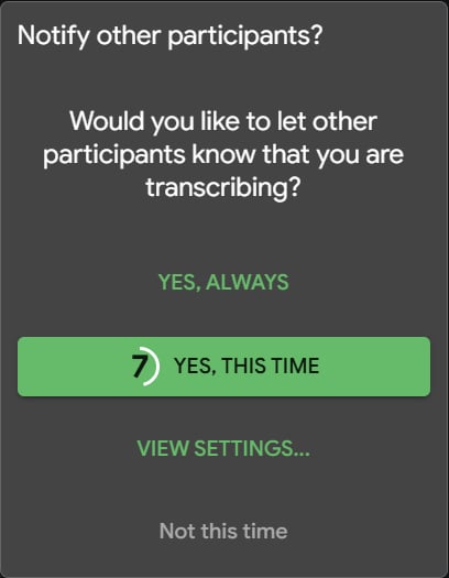 Tactiq's notification when it joins a call