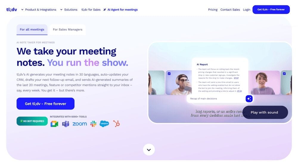 tl;dv homepage, October 2026: "We take your meeting notes. You run the show."