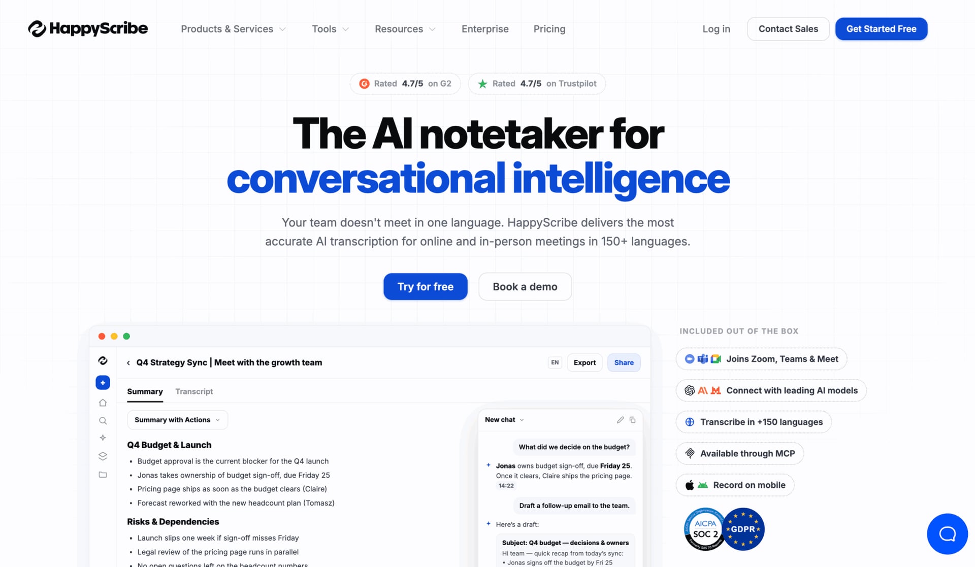 HappyScribe homepage showing its AI notetaker that transcribes online and in-person meetings in 150+ languages