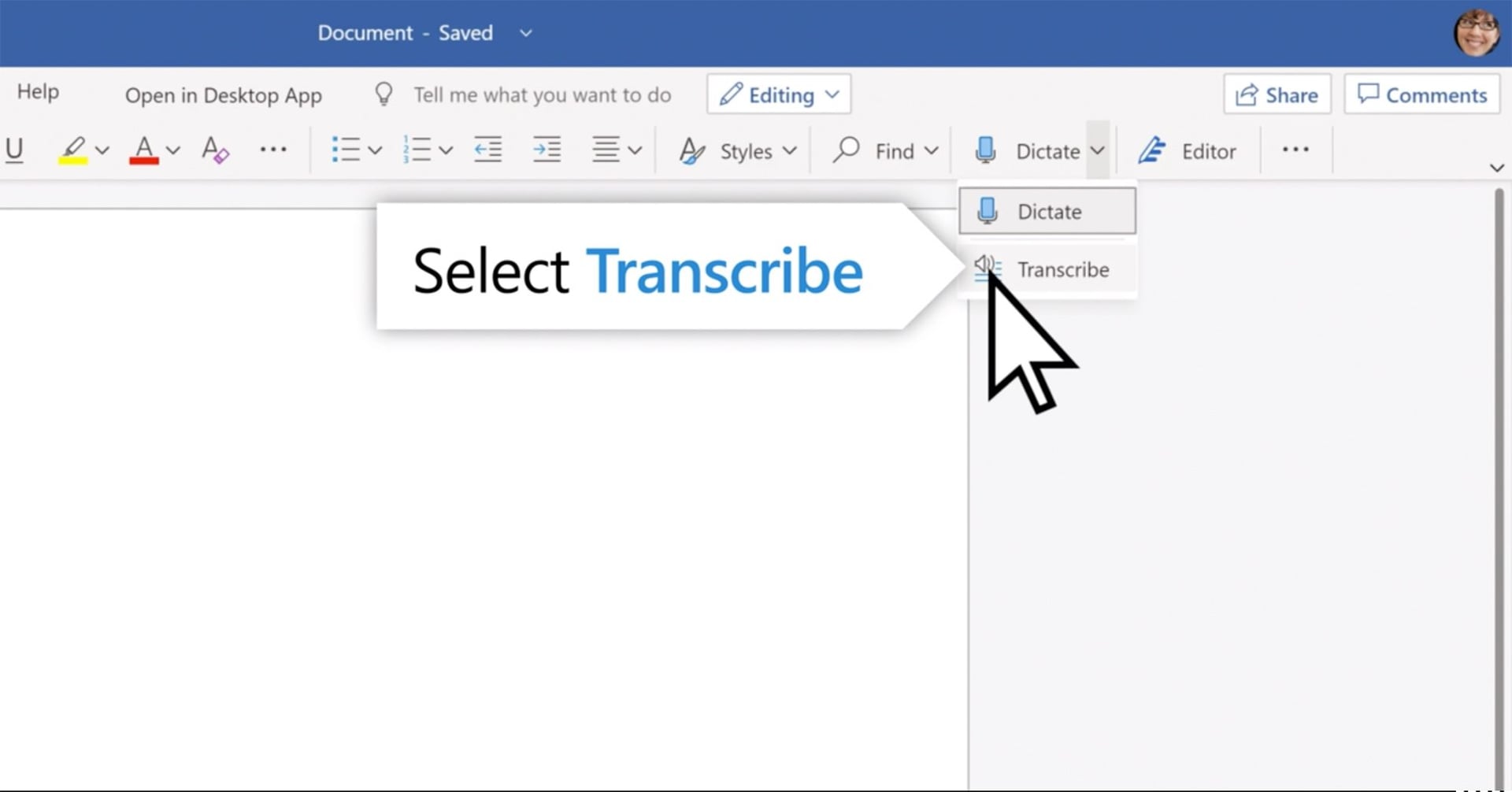 Microsoft Word ribbon with the Dictate menu open, showing the Transcribe option to convert audio to text