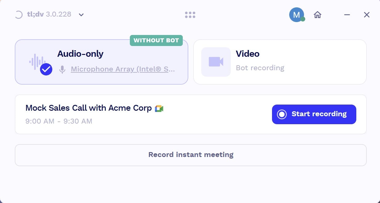 tl;dv desktop app with Audio-only without bot mode selected for a Google Meet call