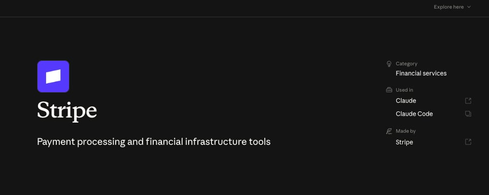 Коннектор Stripe в каталоге коннекторов Claude