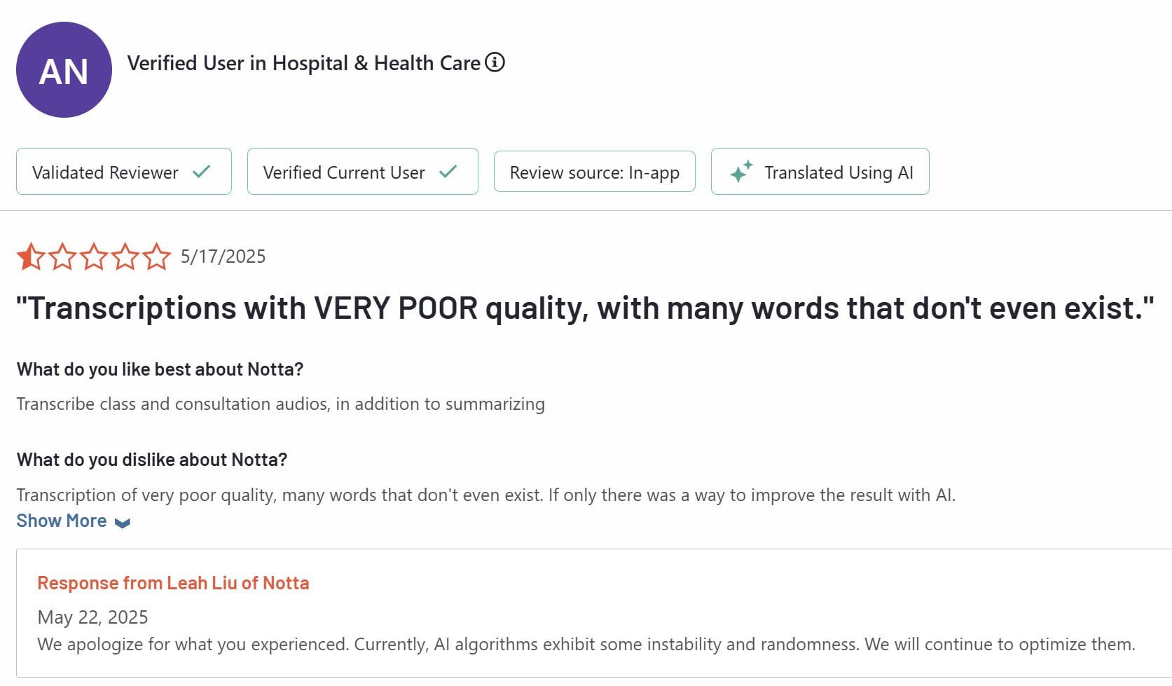0.5/5 star review on G2 because of "very poor quality"