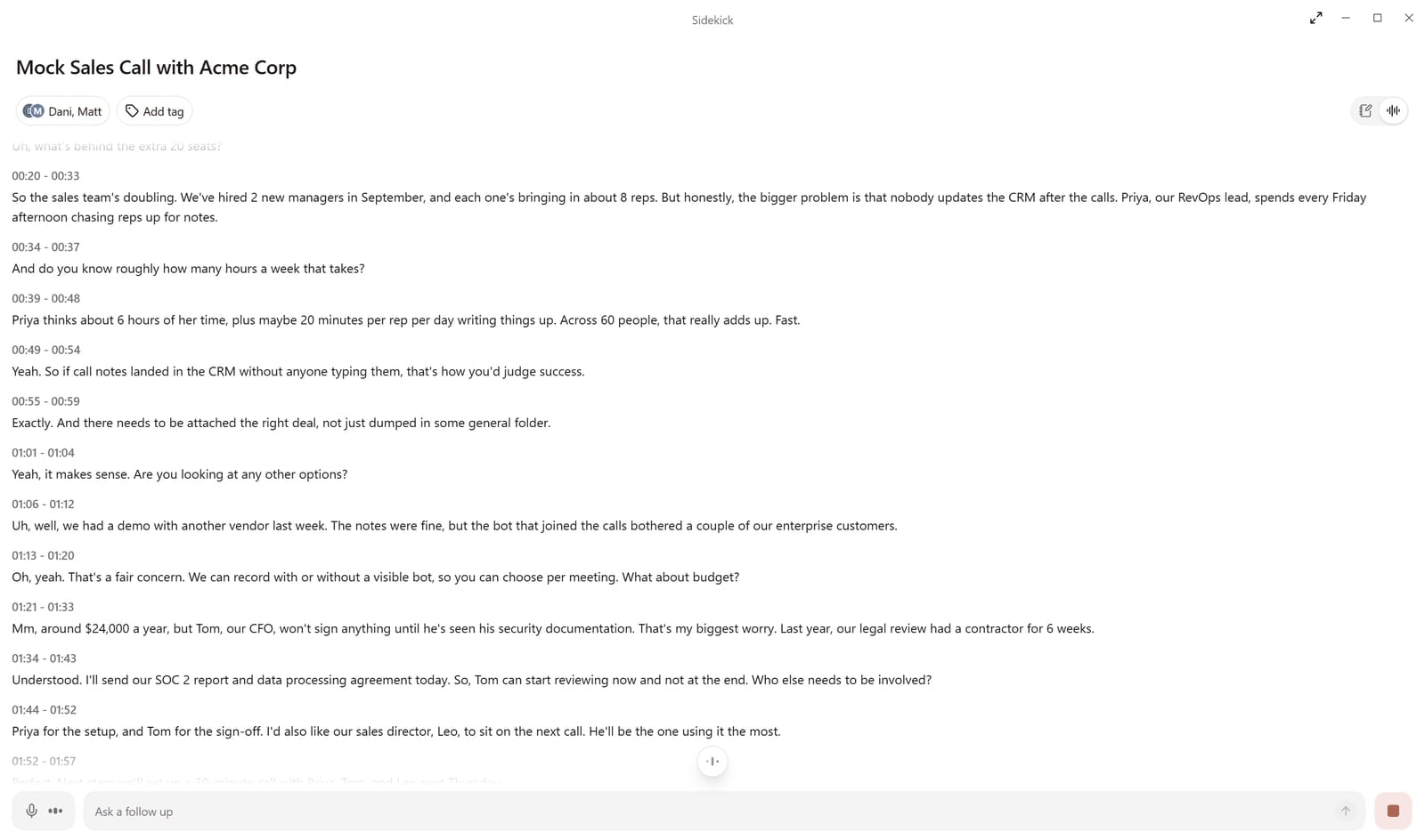 Jamie AI Sidekick window showing a live, timestamped transcript of a mock sales call