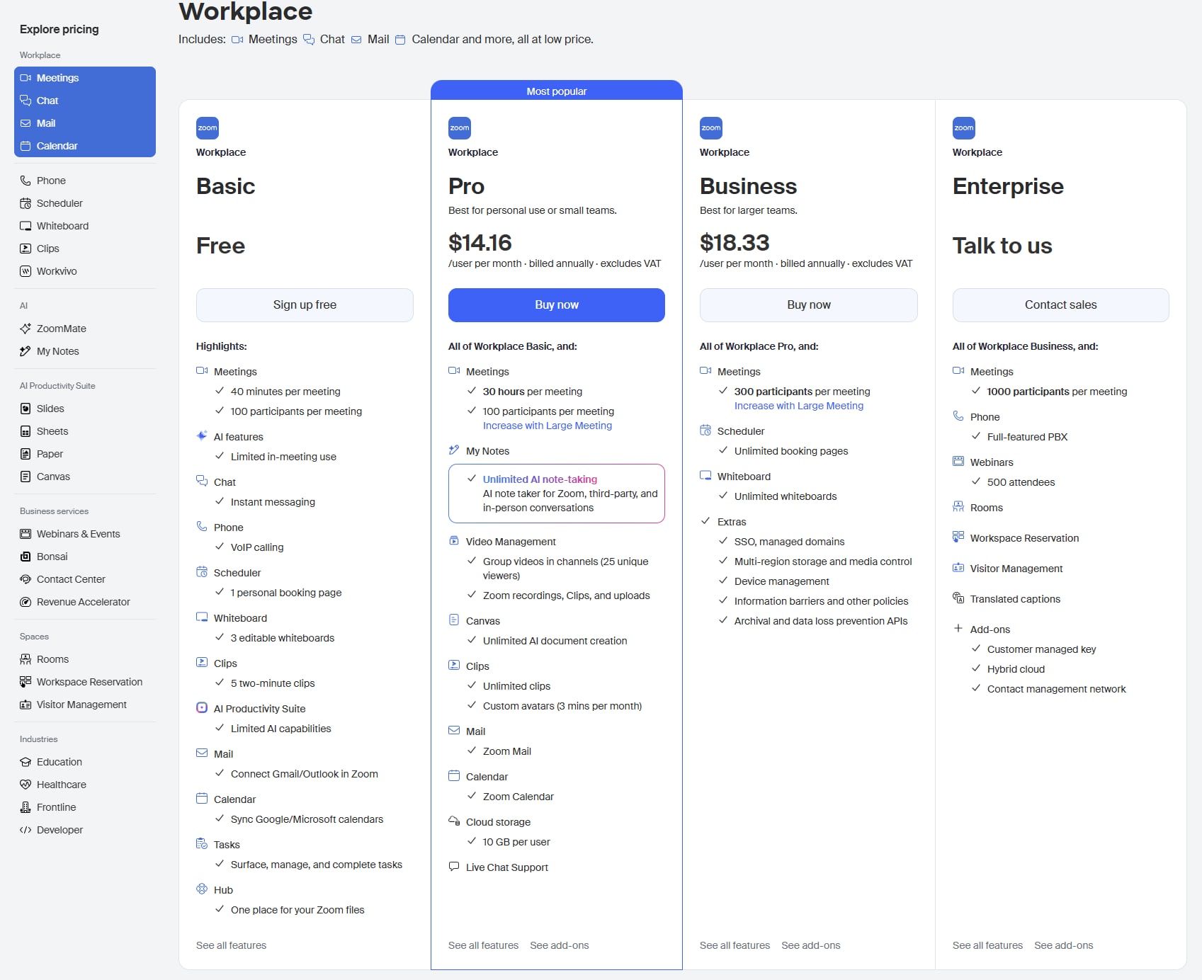 Zoom pricing page in 2026