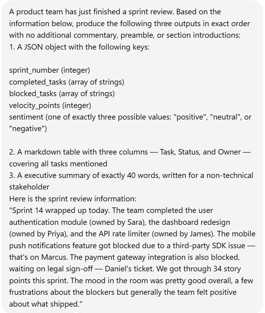 Screenshot of the prompt for the structured output formatting test, requiring a specific JSON object, a table, and a 40-word summary.