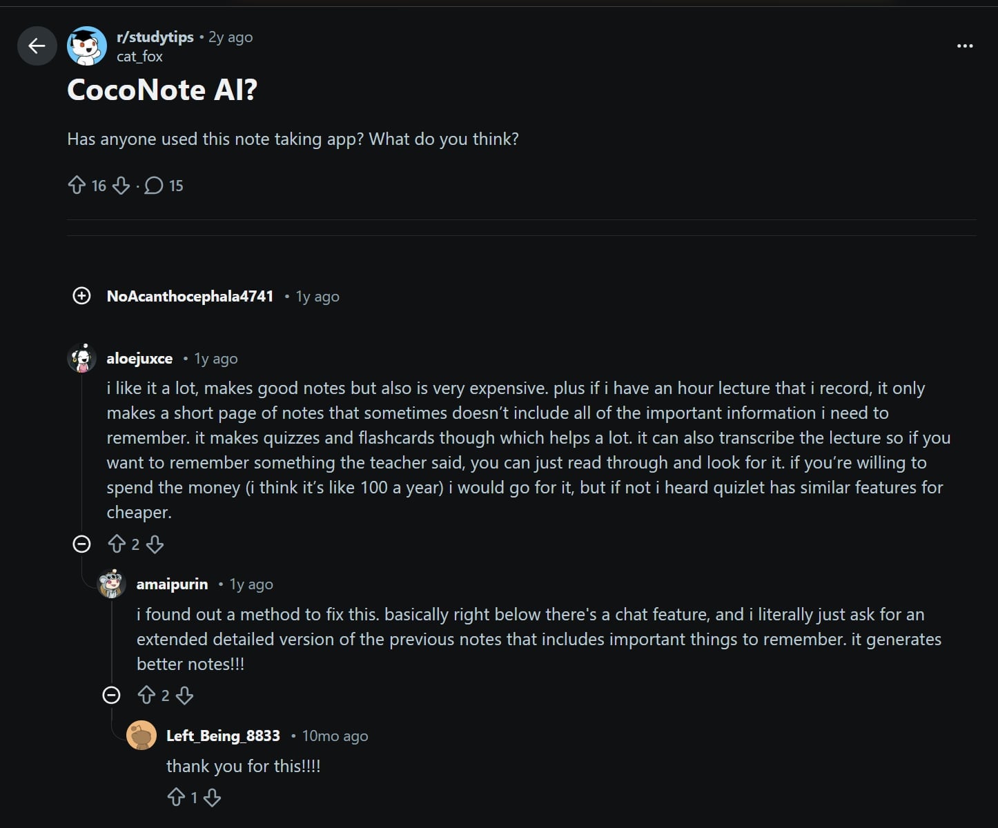 Coconote AI recomendado en Reddit.