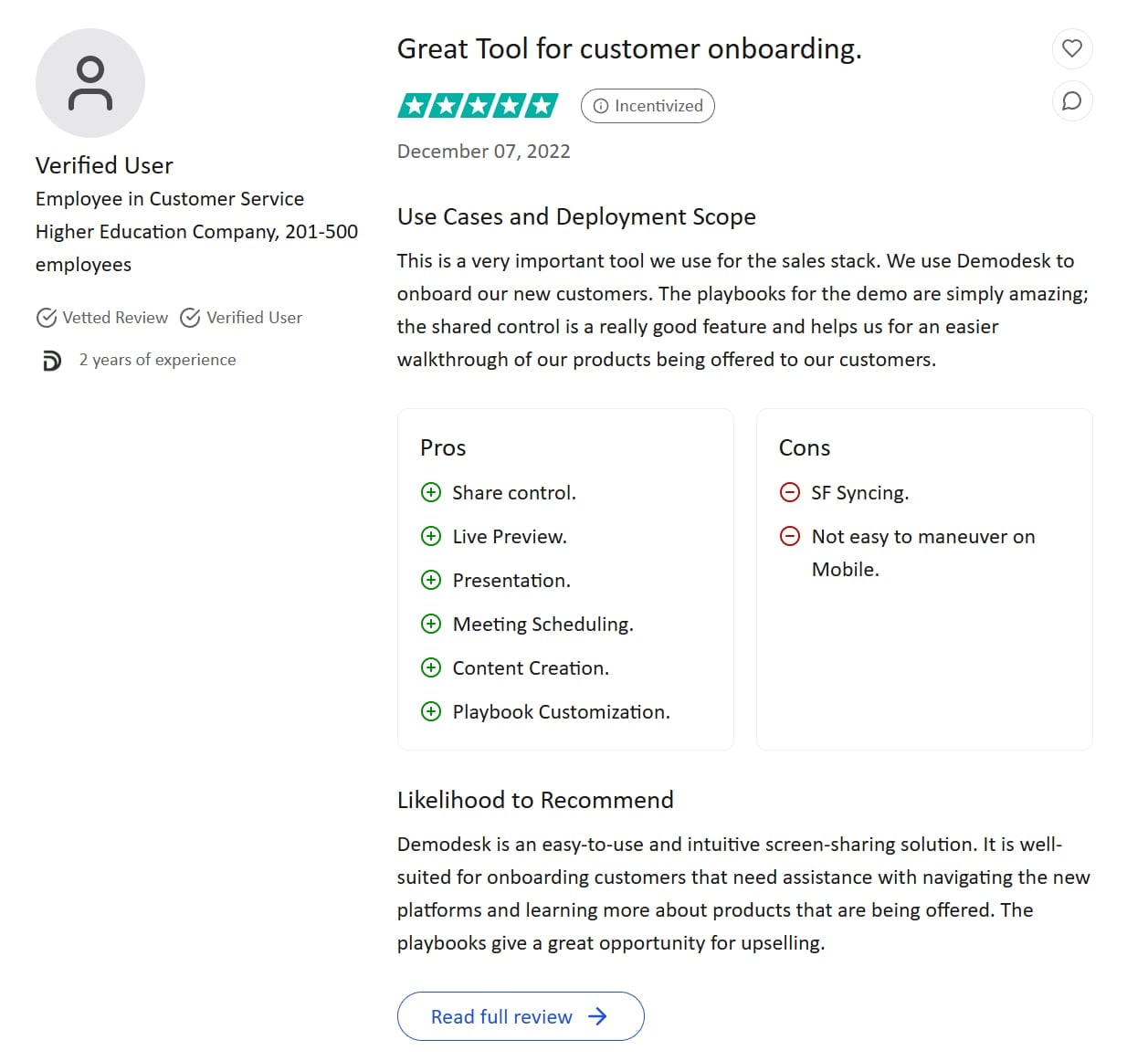 TrustRadius 5 star review for Demodesk