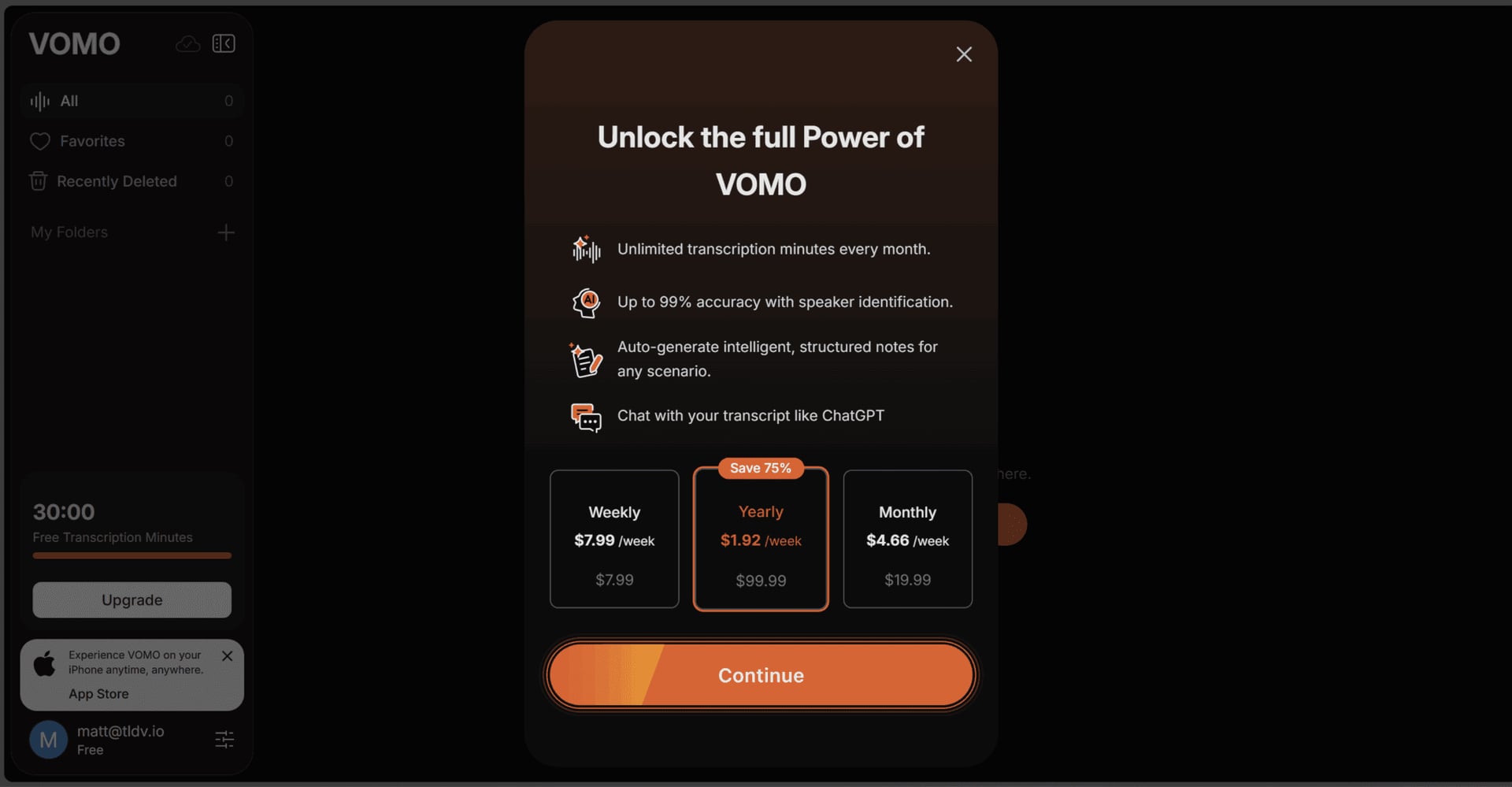 Vomo AI pop up upsell right after logging in