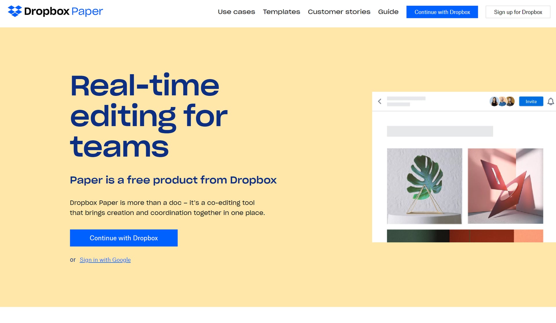 Pantalla de inicio de Dropbox Paper: Edición en tiempo real para equipos.
