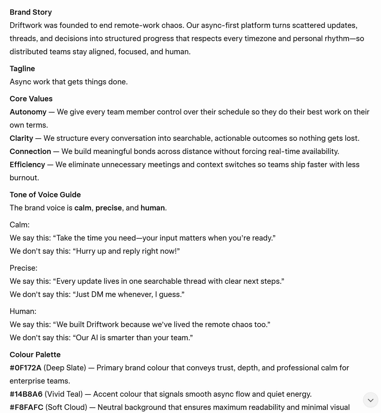 Screenshot of the first part of Grok AI's response to the brand kit creation prompt for Driftwork.