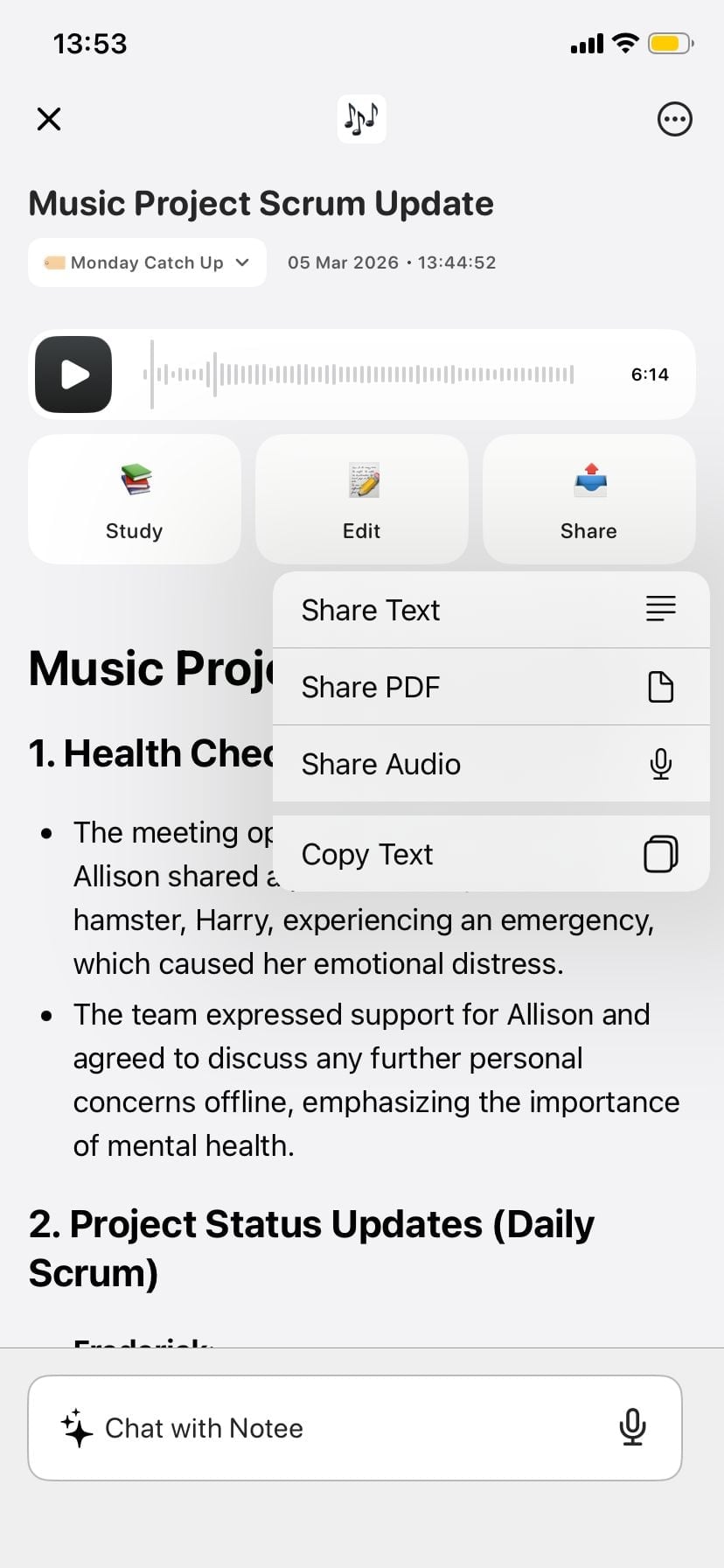 Screenshot: Share dropdown showing Share Text, Share PDF, Share Audio, Copy Text options