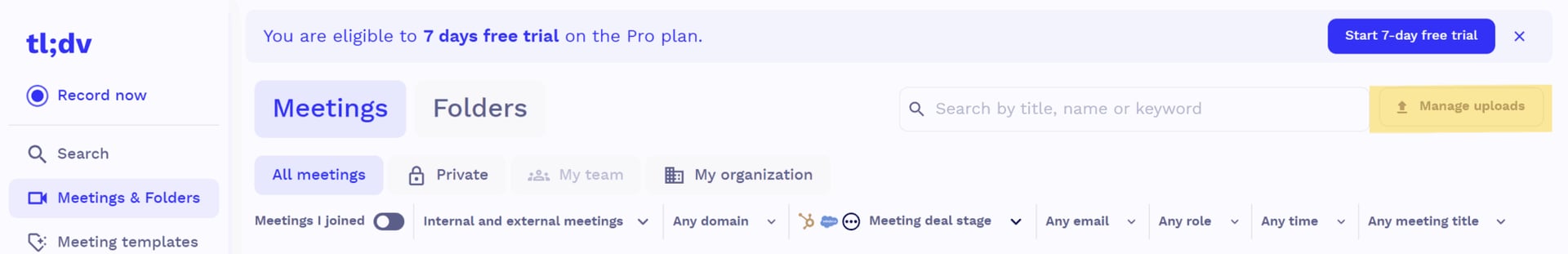 Upload your file via the tl;dv meeting library