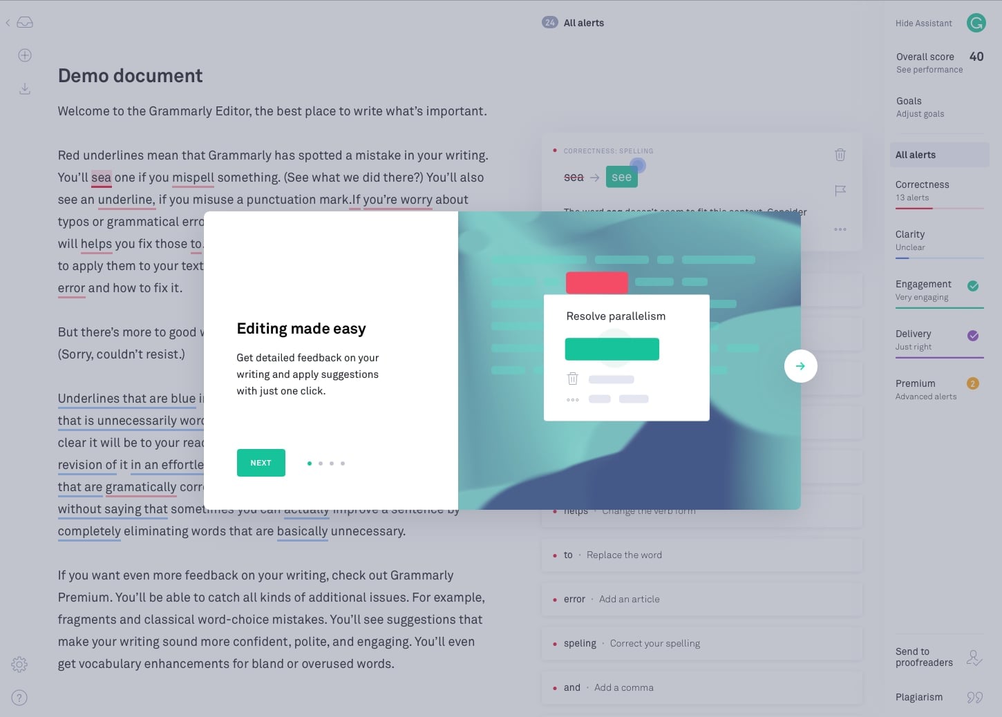 Интуитивно понятный интерфейс Grammarly отлично подходит для обучения