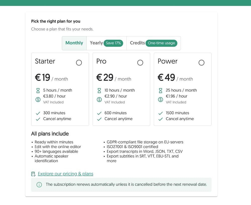 Amberscript monthly pricing: Starter €19, Pro €29, Power €49 per month, each marked cancel anytime