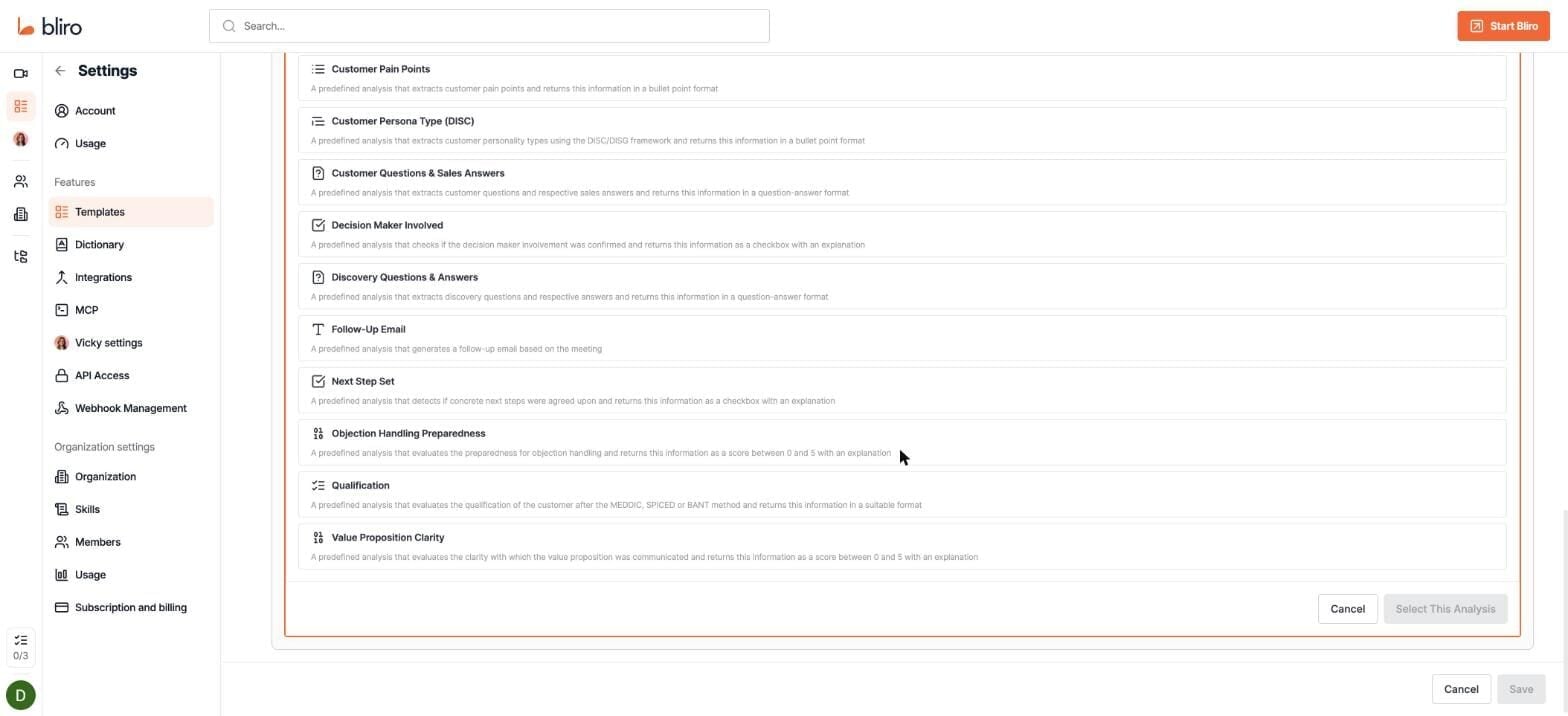 Bliro's predefined analysis library, including Qualification using MEDDIC, SPICED or BANT