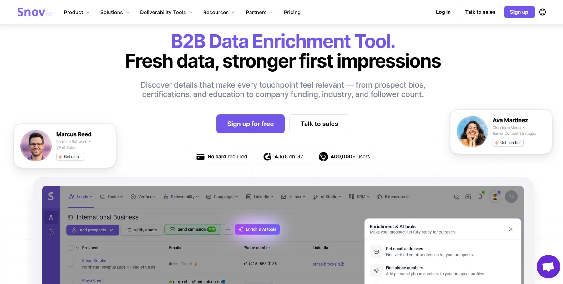 Snov.io Data Enrichment Landing Page
