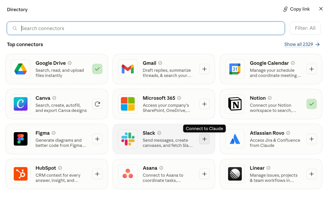 Slack connector in the Claude Desktop connectors directory