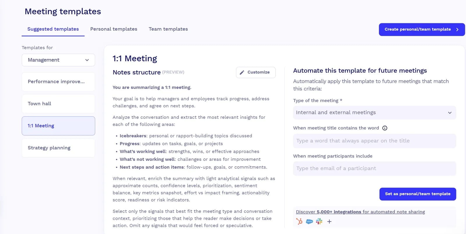 tl;dv 1:1 Meeting template showing its notes structure and automation rules.