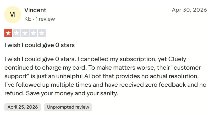 Kolejna fatalna recenzja Cluely na TrustPilot