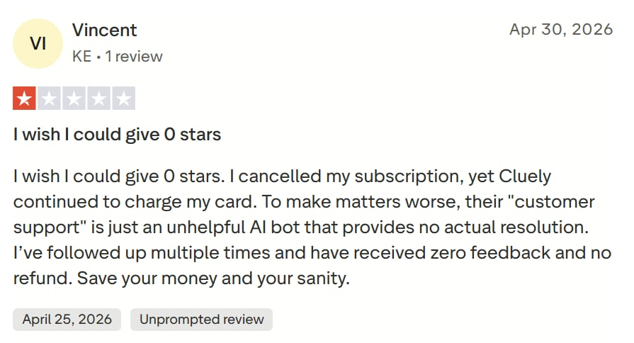 Another terrible Cluely review on TrustPilot