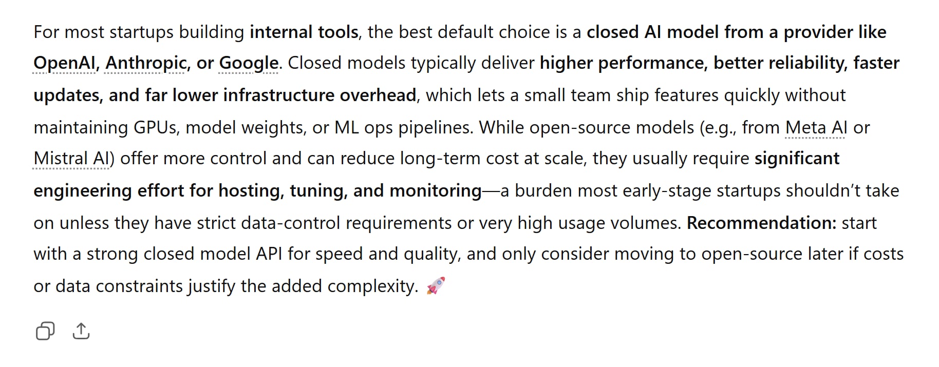 ChatGPT's first answer advocated for closed-source LLMs. ChatGPT's first response to the consistency test, recommending closed-source AI models from providers like OpenAI.