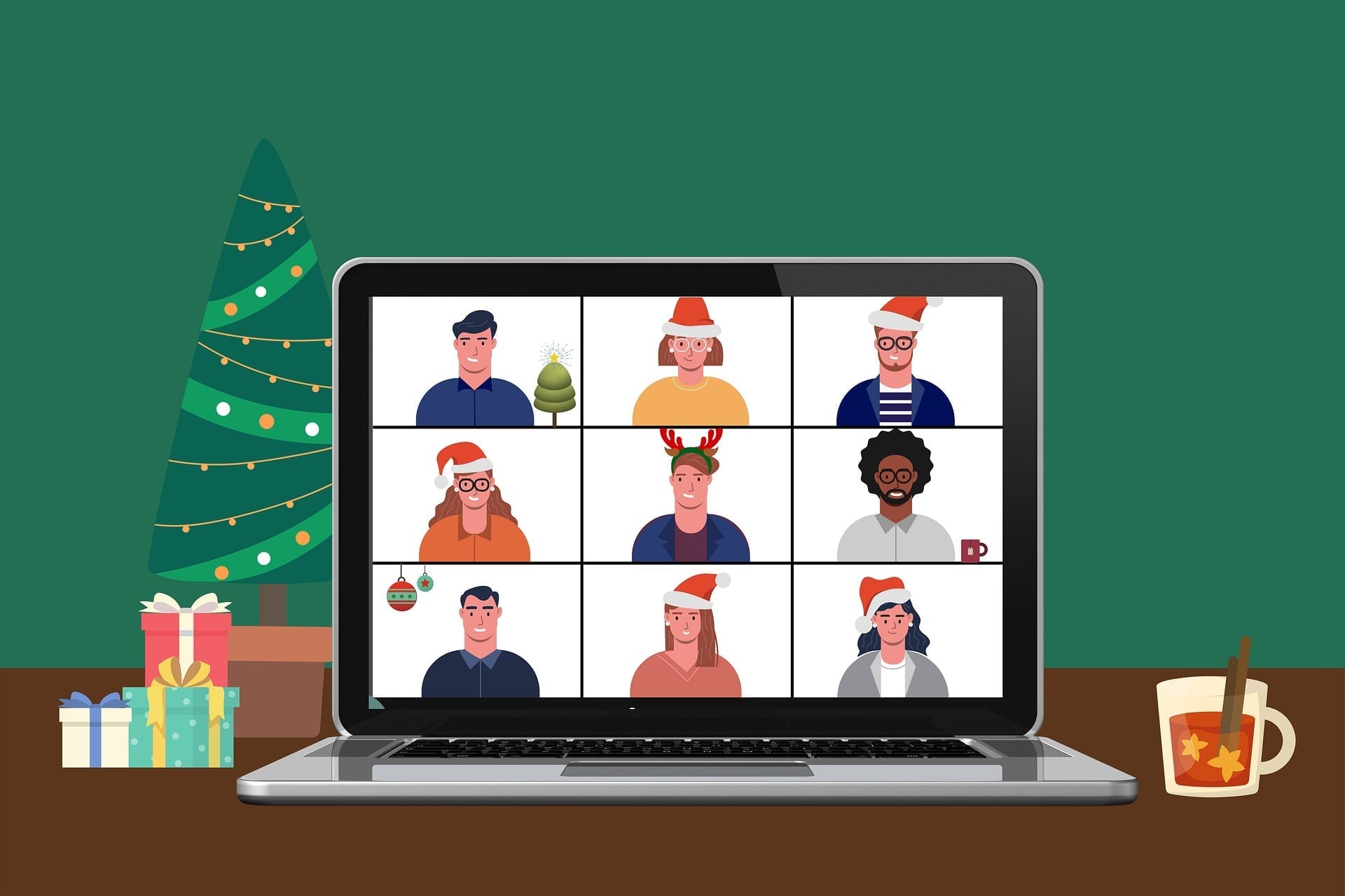 Ilustração de uma festa de Natal no site zoom com 9 pessoas em uma visualização de grade