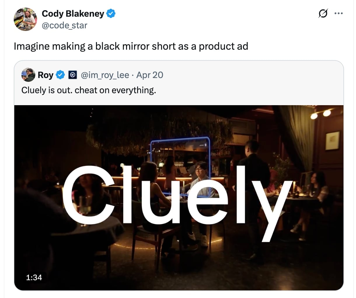 Użytkownik X krytykuje Cluely za atmosferę rodem z serialu „Black Mirror”.