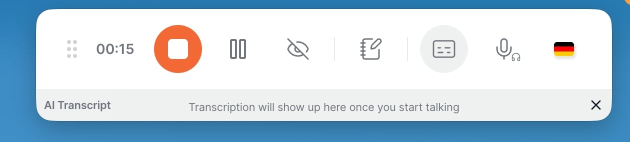 The Bliro desktop bar during a recording, with stop, pause, hide, notes, captions, audio source and language controls above a live transcript strip