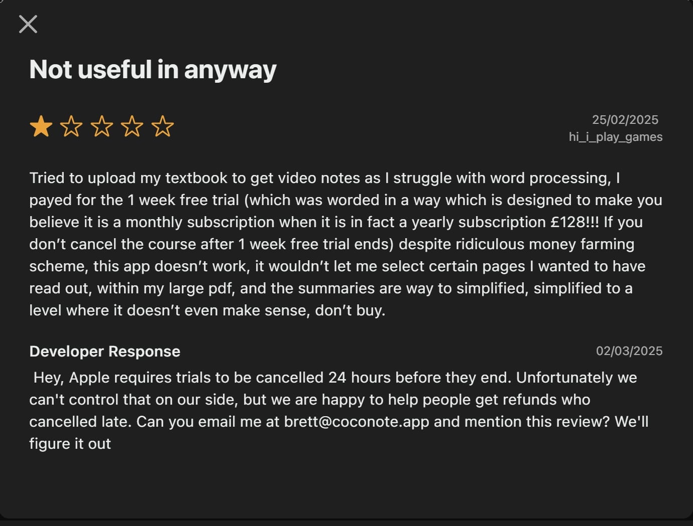 Coconote's bad review on the app store.