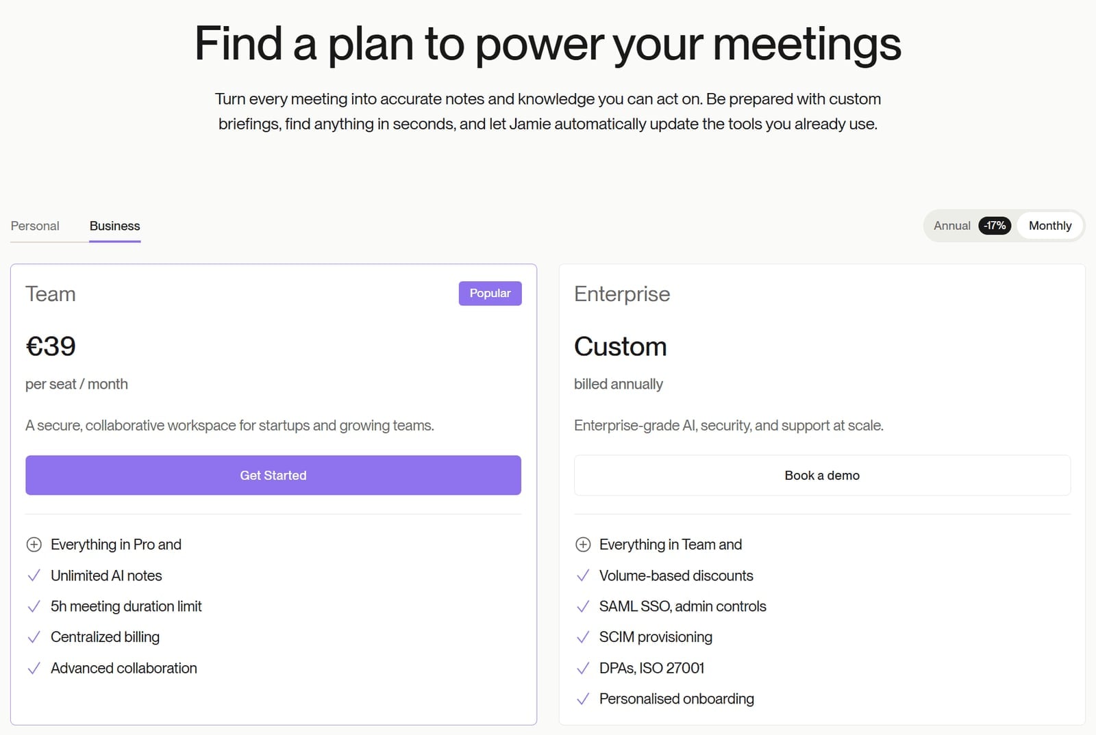 Jamie AI business pricing with monthly billing: Team €39 per seat per month, Enterprise custom