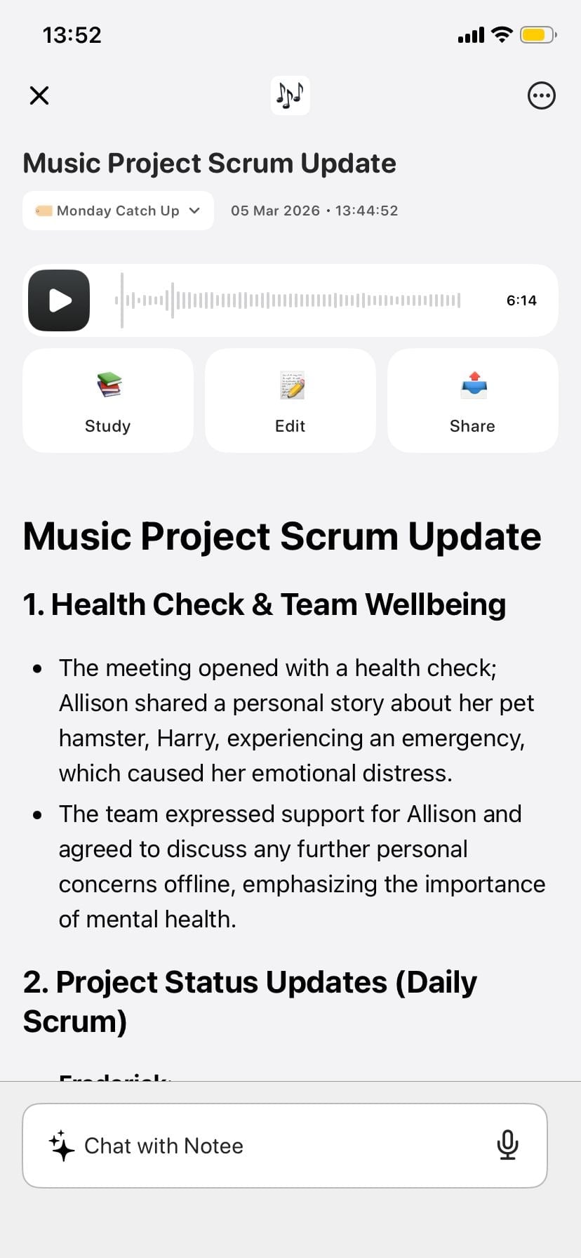 Screenshot: Completed summary for "Music Project Scrum Update" — numbered sections, bullet points, audio playback bar, Study/Edit/Share action buttons, and "Chat with Notee" bar at bottom